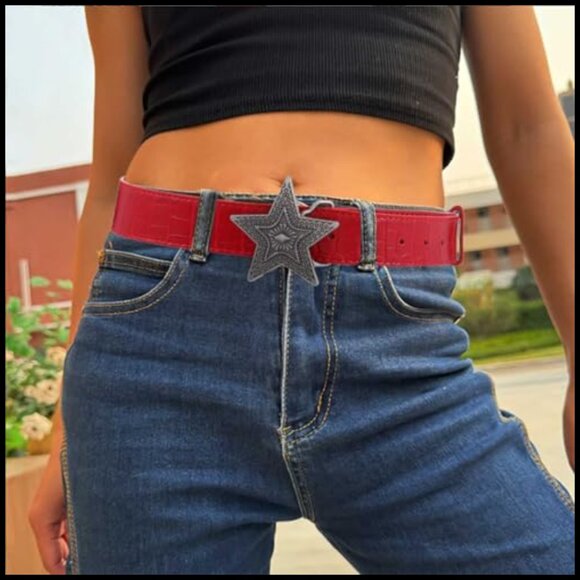 Red Cowgirl Belt with Star Buckle, Faux Leather, Adjustable